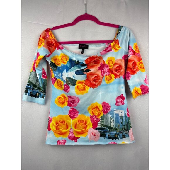 Patricia Field Floral & Cityscape Print Off-Shoulder Top S 92% Polyester 8% Elas - Picture 1 of 4